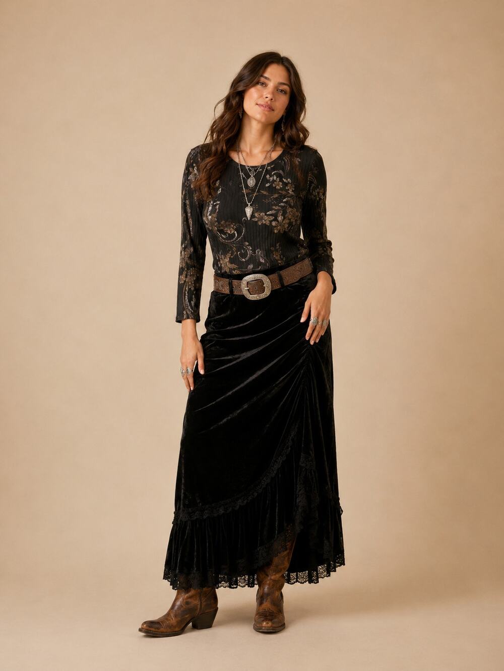 Dark Floral Ribbed Top Large Whimsigoth Western Romantic Boho
